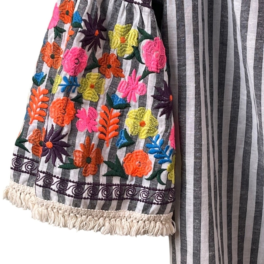 Philosophy Gray White Striped Embroidered Floral Sleeve Dress Linen Boho‎ Large - Picture 4 of 9